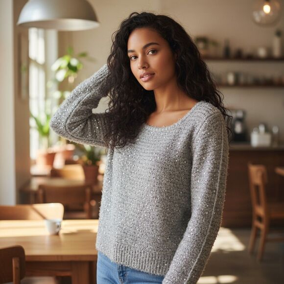 JENNIFER LOPEZ grey silver glitter furry size XSmall Sweater tie silk back - Picture 1 of 10